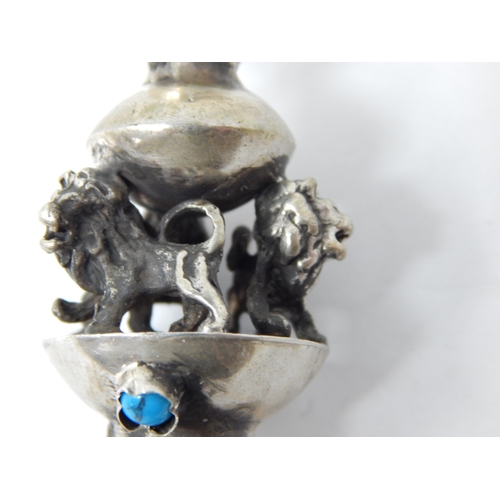 132 - Judaica: Silver Torah Pointer with Lion Mounted Finial & Ringed Top: Set with a Turquoise Cabochon: ... 