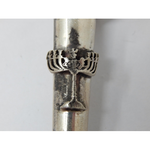 133 - Judaica: Silver Torah Pointer with Cockerel Finial: Set with a Red Cabochon: Measuring 15cm: Marked ... 