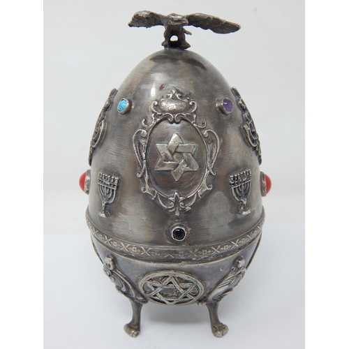 135 - Judaica: Silver Hinged Open Top Egg Set with Multi Coloured Cabochons & Eagle Finial: The Egg Openin... 