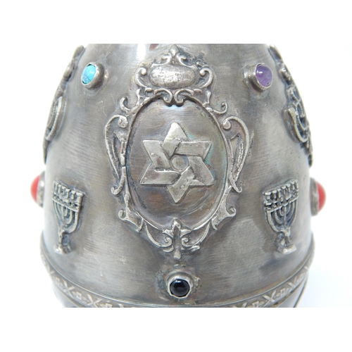 135 - Judaica: Silver Hinged Open Top Egg Set with Multi Coloured Cabochons & Eagle Finial: The Egg Openin... 