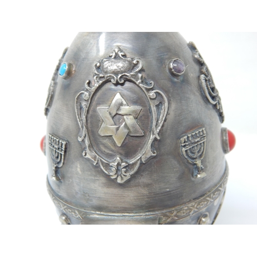 135 - Judaica: Silver Hinged Open Top Egg Set with Multi Coloured Cabochons & Eagle Finial: The Egg Openin... 