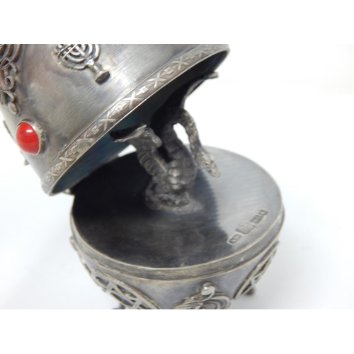 135 - Judaica: Silver Hinged Open Top Egg Set with Multi Coloured Cabochons & Eagle Finial: The Egg Openin... 