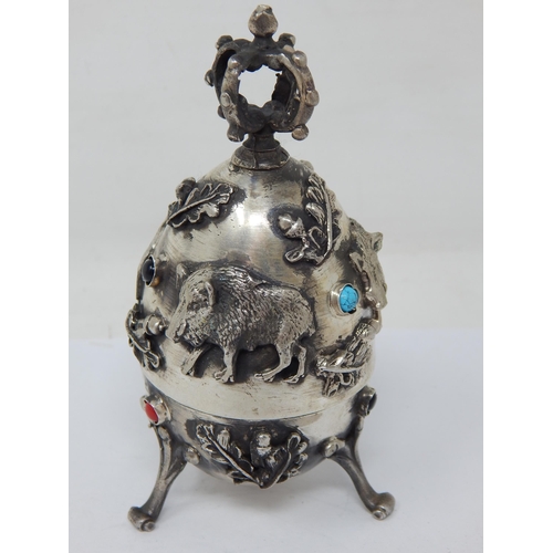 136 - Judaica: Silver Egg Set with Cabochons, Crown Finial & Decorated with Panels of Wild Boar: The Lid R... 