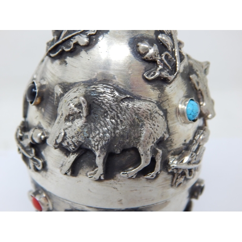 136 - Judaica: Silver Egg Set with Cabochons, Crown Finial & Decorated with Panels of Wild Boar: The Lid R... 