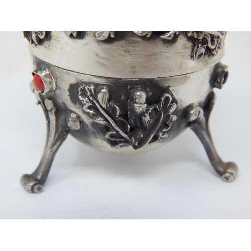 136 - Judaica: Silver Egg Set with Cabochons, Crown Finial & Decorated with Panels of Wild Boar: The Lid R... 