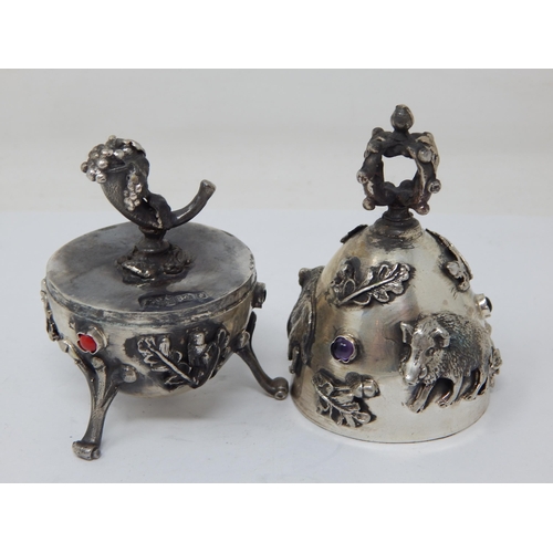 136 - Judaica: Silver Egg Set with Cabochons, Crown Finial & Decorated with Panels of Wild Boar: The Lid R... 