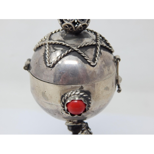 138 - Judaica: Large Silver Spice Box with Figural Stem: The Hinged Top with Crown Finial and Inset with C... 