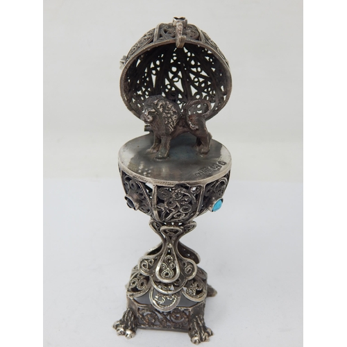 139 - Judaica: Silver Pierced Egg Set with Cabochons: The Hinged Lid Revealing a Cast Lion: Marked 1873