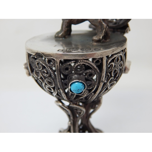 139 - Judaica: Silver Pierced Egg Set with Cabochons: The Hinged Lid Revealing a Cast Lion: Marked 1873