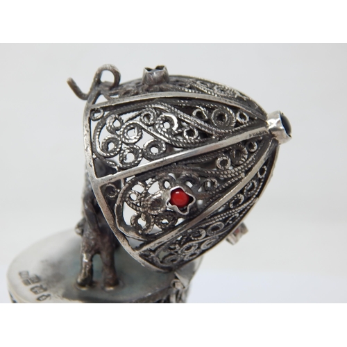 139 - Judaica: Silver Pierced Egg Set with Cabochons: The Hinged Lid Revealing a Cast Lion: Marked 1873