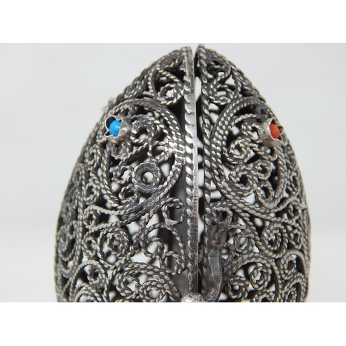 140 - Judaica: Silver Filigree Egg with Set Cabochons on Stand: The Egg Opening to reveal the Tanakh: Mark... 