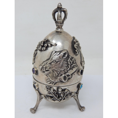 141 - Judaica: Silver Open Top Egg: The Outer Body Set with Turquoise & Amethyst Cabochons & Wild Boar Dec... 