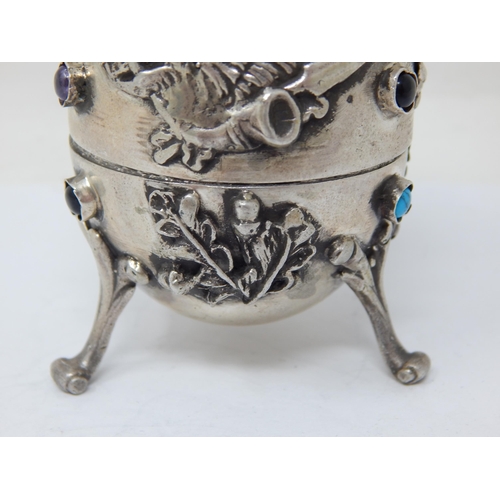 141 - Judaica: Silver Open Top Egg: The Outer Body Set with Turquoise & Amethyst Cabochons & Wild Boar Dec... 