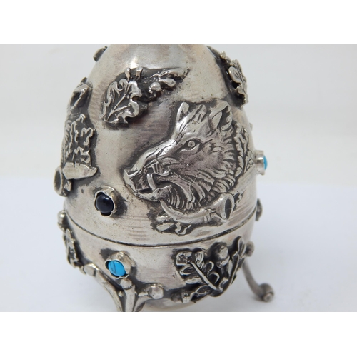 141 - Judaica: Silver Open Top Egg: The Outer Body Set with Turquoise & Amethyst Cabochons & Wild Boar Dec... 