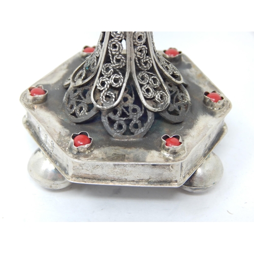 142 - Judaica: Large Silver Open Top Spice/Incense Burner Marked 1873: Set with Red Cabochons & Flag Finia... 