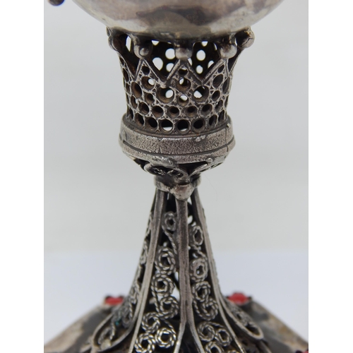 142 - Judaica: Large Silver Open Top Spice/Incense Burner Marked 1873: Set with Red Cabochons & Flag Finia... 