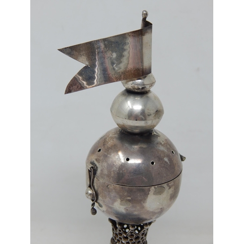 142 - Judaica: Large Silver Open Top Spice/Incense Burner Marked 1873: Set with Red Cabochons & Flag Finia... 