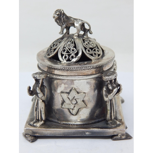 143 - Judaica: Silver Spice/Pot Pourri Box: Set with Four Cast Silver Figures & a Lion Finial: Marked 1878... 