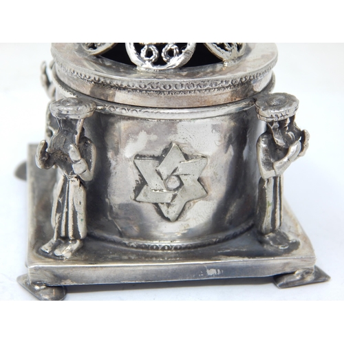 143 - Judaica: Silver Spice/Pot Pourri Box: Set with Four Cast Silver Figures & a Lion Finial: Marked 1878... 