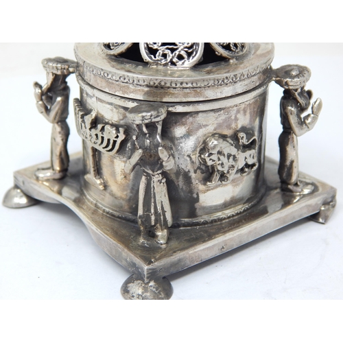 143 - Judaica: Silver Spice/Pot Pourri Box: Set with Four Cast Silver Figures & a Lion Finial: Marked 1878... 