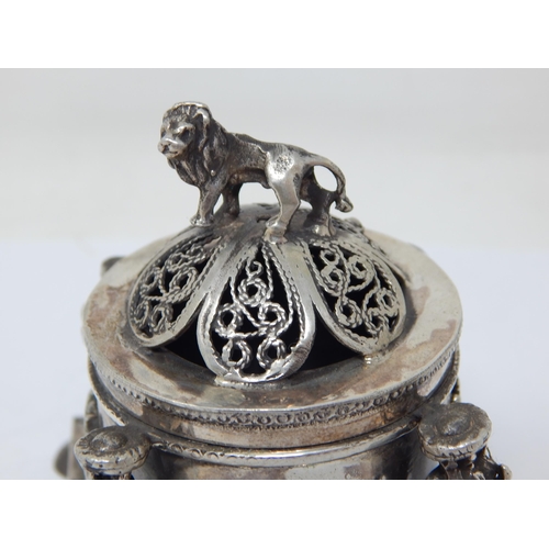 143 - Judaica: Silver Spice/Pot Pourri Box: Set with Four Cast Silver Figures & a Lion Finial: Marked 1878... 