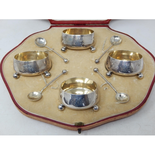 97 - Edwardian Set of Four Silver Cauldron Salts with Original Spoons: Hallmarked Sheffield 1904 by Mappi... 