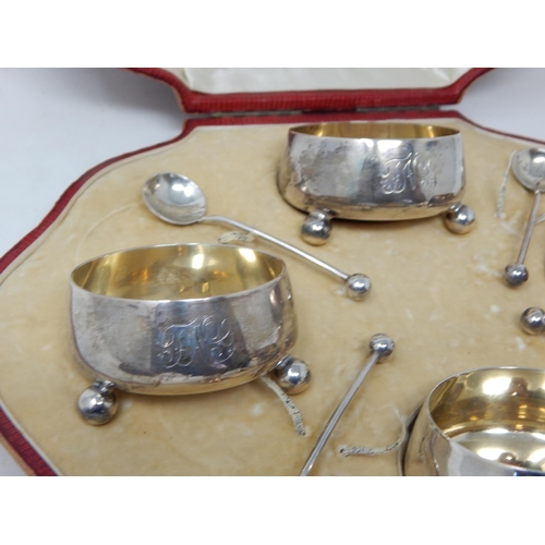 97 - Edwardian Set of Four Silver Cauldron Salts with Original Spoons: Hallmarked Sheffield 1904 by Mappi... 