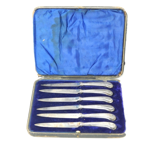 144 - A Set of 6 Silver Bladed & Handled Pistol Grip Knives in Original Fitted Case: Hallmarked Sheffield ... 