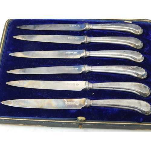 144 - A Set of 6 Silver Bladed & Handled Pistol Grip Knives in Original Fitted Case: Hallmarked Sheffield ... 