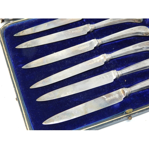 144 - A Set of 6 Silver Bladed & Handled Pistol Grip Knives in Original Fitted Case: Hallmarked Sheffield ... 