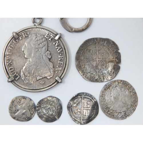 8 - A Quantity of Silver Hammered Coinage together with a French hallmarked silver keyring with inset Lo... 