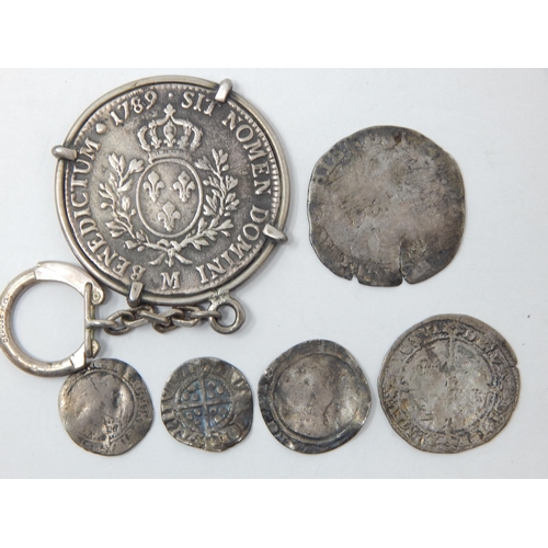8 - A Quantity of Silver Hammered Coinage together with a French hallmarked silver keyring with inset Lo... 