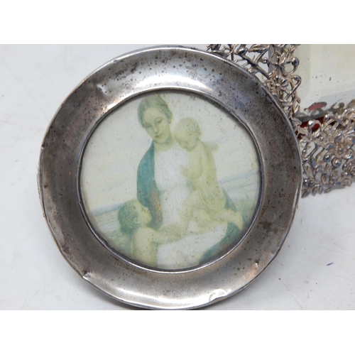 177 - A Large White Metal Easel Table Mirror 37cm x 24.5cm together with Two Hallmarked Silver Photograph ... 