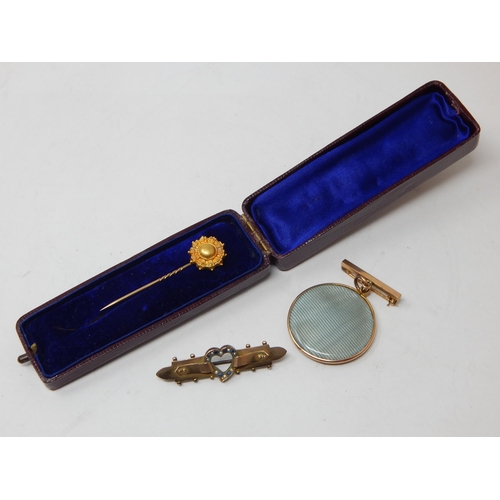 Victorian 9ct Sweetheart Brooch set with sapphires & pearls, a gold tie pin & a gold pendant locket/brooch