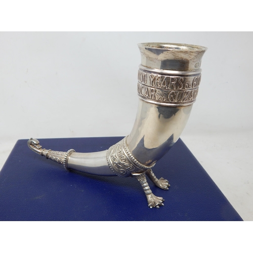 157 - Silver commemorative Saxon drinking horn, the cornucopia inscribed in Celtic text with '1000 Years O... 