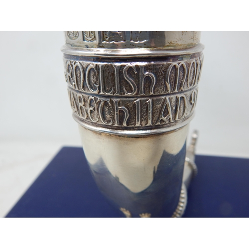 157 - Silver commemorative Saxon drinking horn, the cornucopia inscribed in Celtic text with '1000 Years O... 