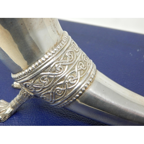 157 - Silver commemorative Saxon drinking horn, the cornucopia inscribed in Celtic text with '1000 Years O... 