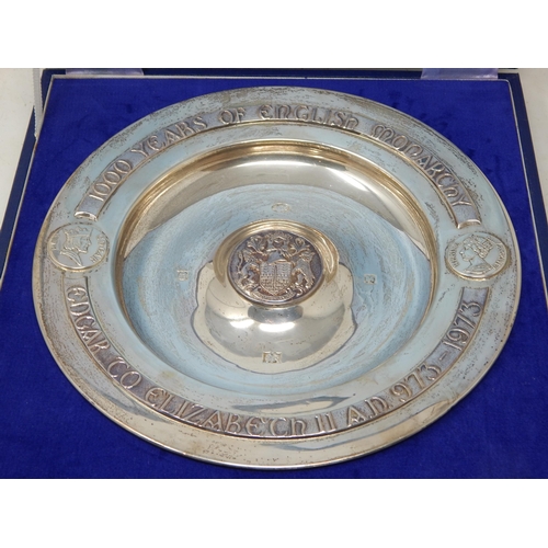 158 - Silver commemorative rose water dish, inscribed in Celtic text with '1000 Years Of English Monarchy,... 