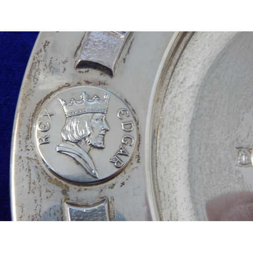 158 - Silver commemorative rose water dish, inscribed in Celtic text with '1000 Years Of English Monarchy,... 