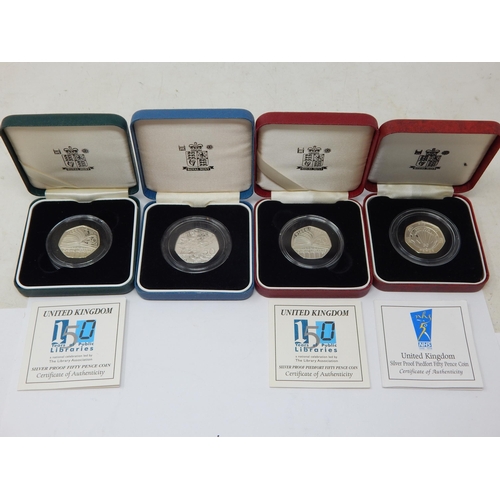 60 - Royal Mint Silver Proof Piedfort 50p Coins (3) NHS, RAF & Public Libraries together with a Silver Pr... 