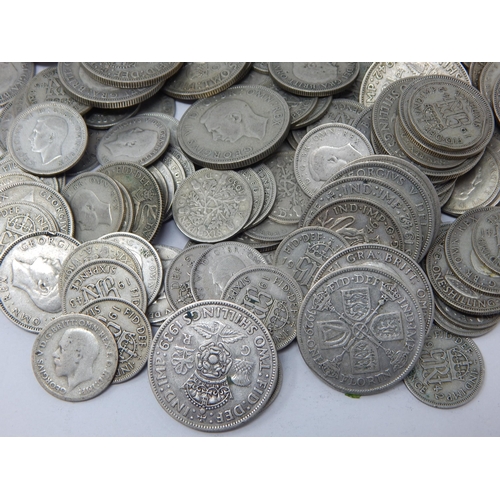 90 - Quantity of Pre-1947 KGV/KGVI Silver Florins/Shillings, Sixpences, Threepences: Weight 598g