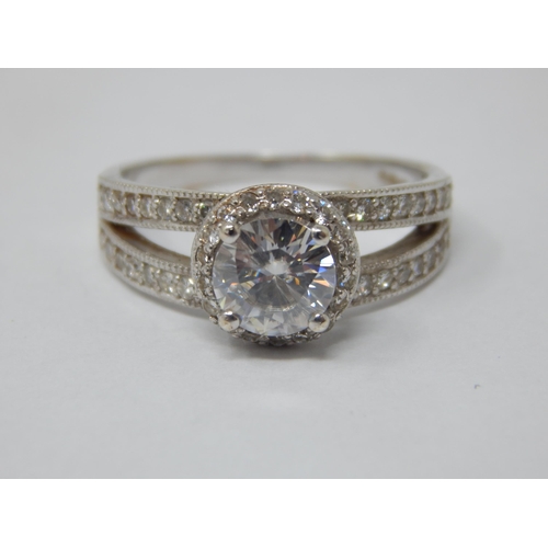 9ct White Gold Ring Set with a Central Moissanite 1.0ct with Moissanite Border & Shoulders: Size N: Gross weight 3.86g