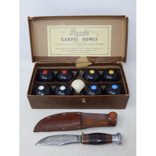 534 - Set of Carpet Bowls with Jack in Fitted Case together with a Sheath Knife in Leather Scabbard