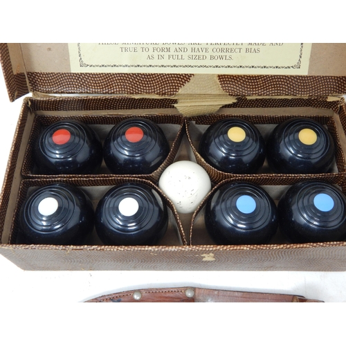 534 - Set of Carpet Bowls with Jack in Fitted Case together with a Sheath Knife in Leather Scabbard