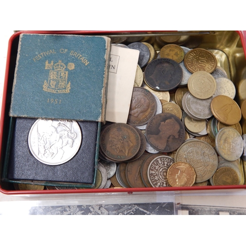 75 - A tin containing a quantity of coins & medallions, QEII set of sixpences 1953-1967 together with ban... 