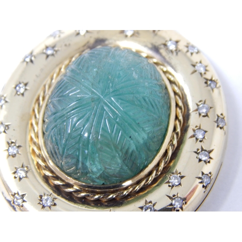 149 - Bespoke 18ct Yellow Gold Emerald & Diamond Pendant: The Hand Carved Emerald Approx 22.0cts within a ... 