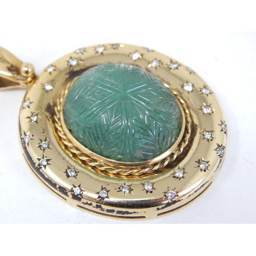 149 - Bespoke 18ct Yellow Gold Emerald & Diamond Pendant: The Hand Carved Emerald Approx 22.0cts within a ... 