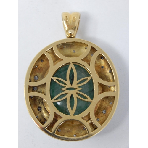 149 - Bespoke 18ct Yellow Gold Emerald & Diamond Pendant: The Hand Carved Emerald Approx 22.0cts within a ... 