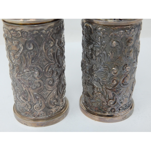 108 - Pair of Victorian Silver Pepper Casters: Hallmarked London 1892 by Edgar Finley & Hugh Taylor: 10cm ... 