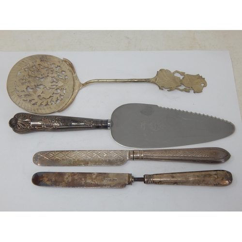 124 - Two Silver Bladed Dinner Knives, Silver Handled Cake Slice & a Continental Silver Server